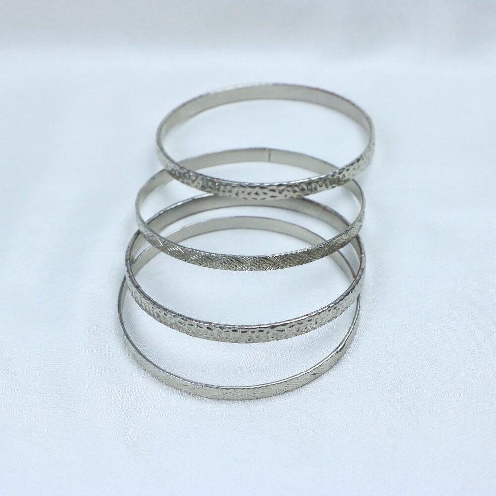 Silver-Tone Textured Bangle Bracelet Set | Stackable Minimalist